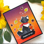 Pink and Main July Cat Clear Stamp and Die Set black cat autumn leaves card