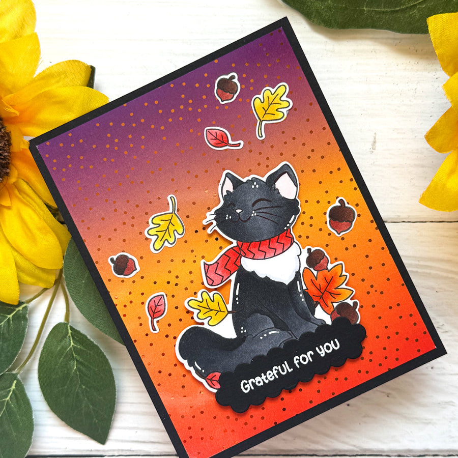 Pink and Main July Cat Clear Stamps pm0887 black cat autumn leaves card