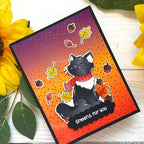 Pink and Main July Cat Dies pnm886 black cat autumn leaves card