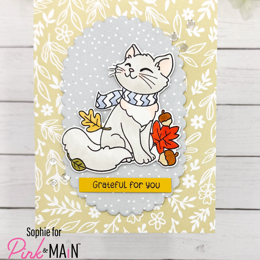 Pink and Main July Cat Dies pnm886 grateful for you white cat card