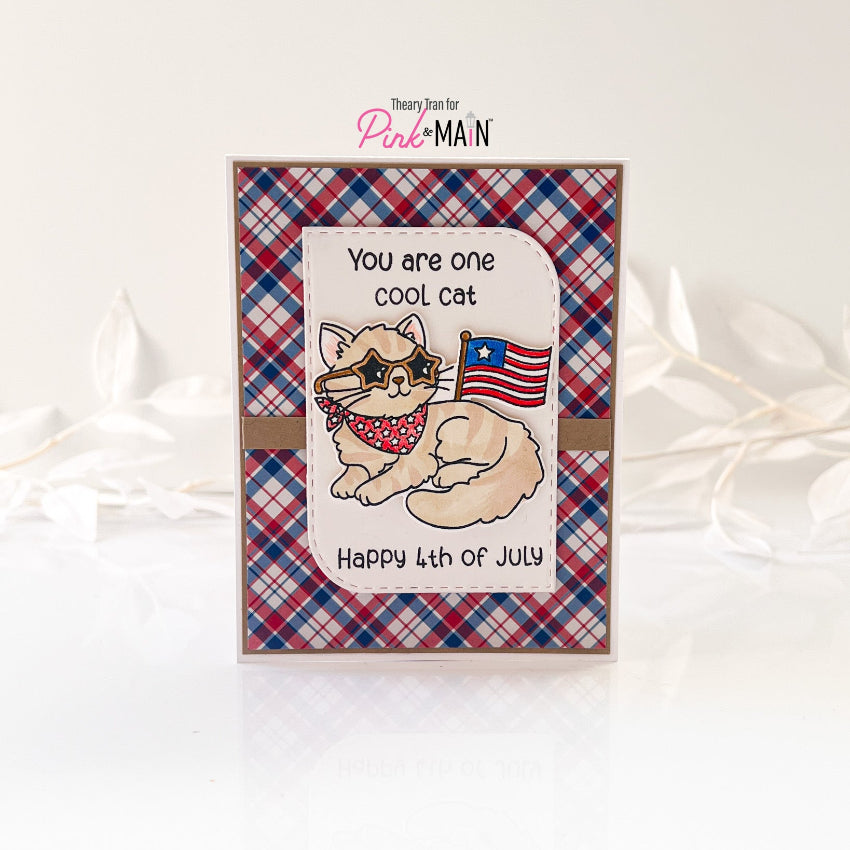 Pink and Main June Cat Clear Stamp and Die Set red white blue plaid card