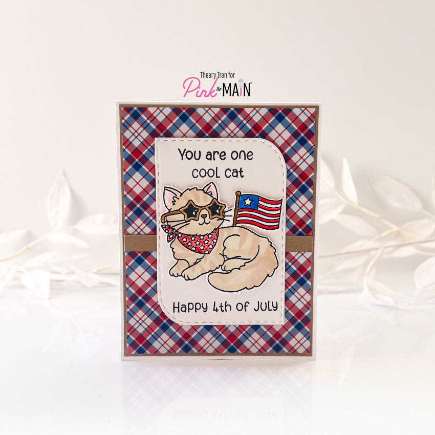 Pink and Main June Cat Clear Stamps pm0882 red white blue plaid card