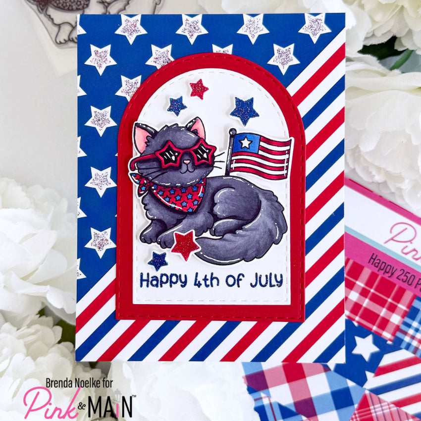 Pink and Main June Cat Clear Stamps pm0882 silver stars happy 4th card
