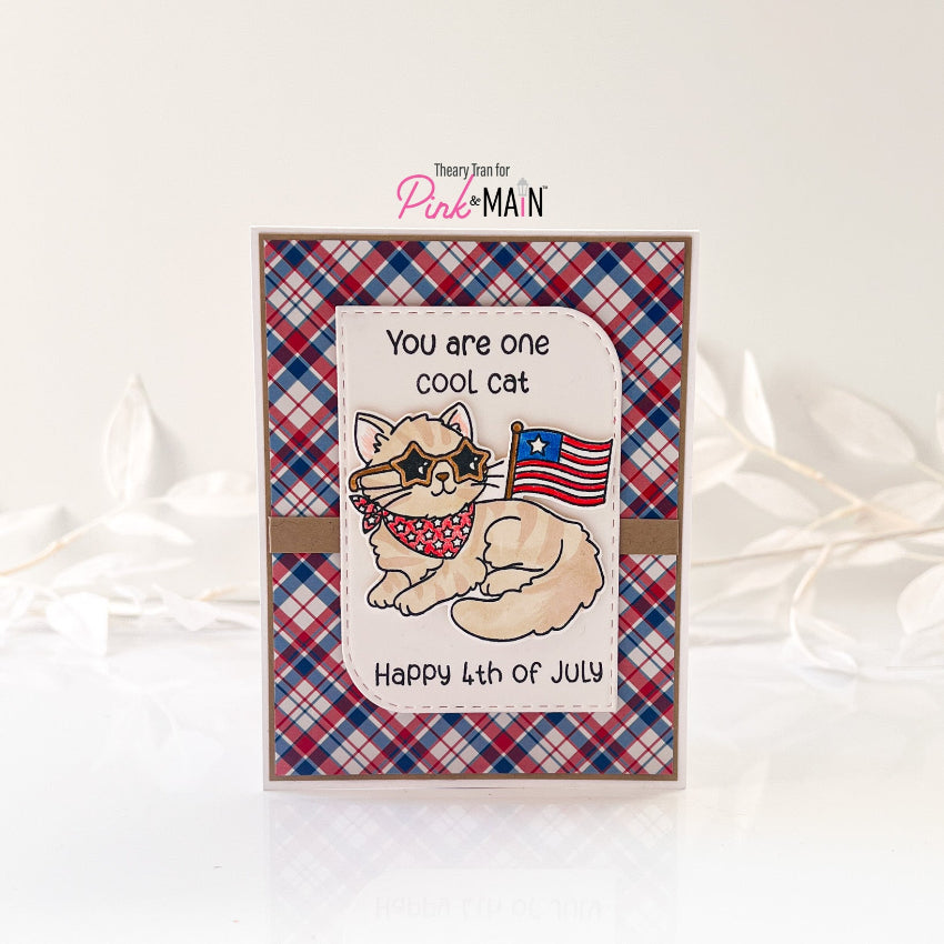 Pink and Main June Cat Dies pnm879 red white blue plaid card