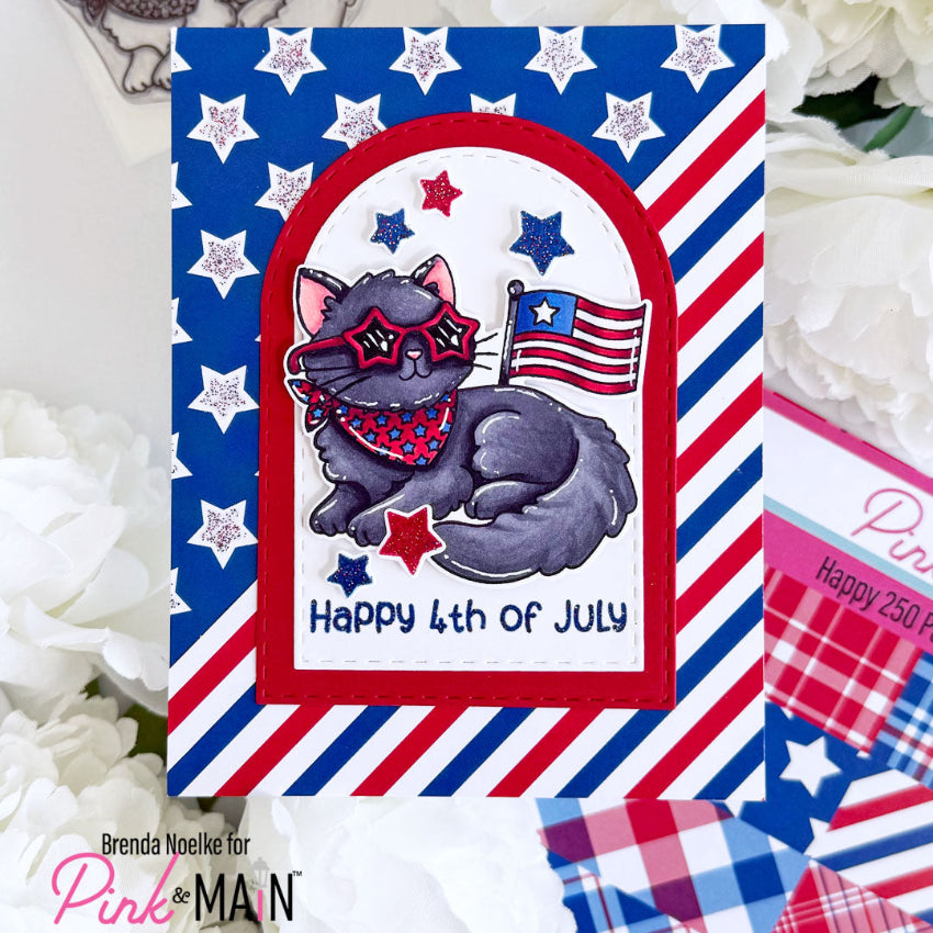Pink and Main June Cat Dies pnm879 silver stars happy 4th card