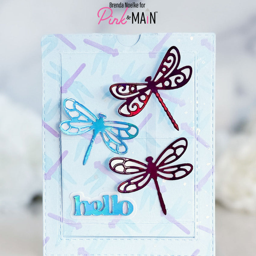 Pink and Main Layered Dragonflies Stencils pms142 hello