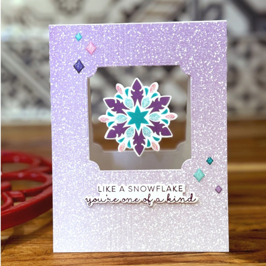 Pink and Main Layering Snowflakes Die Stencil and Foilables Sheets Set purple spinner snowflake card