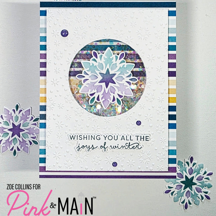 Pink and Main Layering Snowflakes Dies and Stencils Set pnm934 wishing you all the joys shaker card