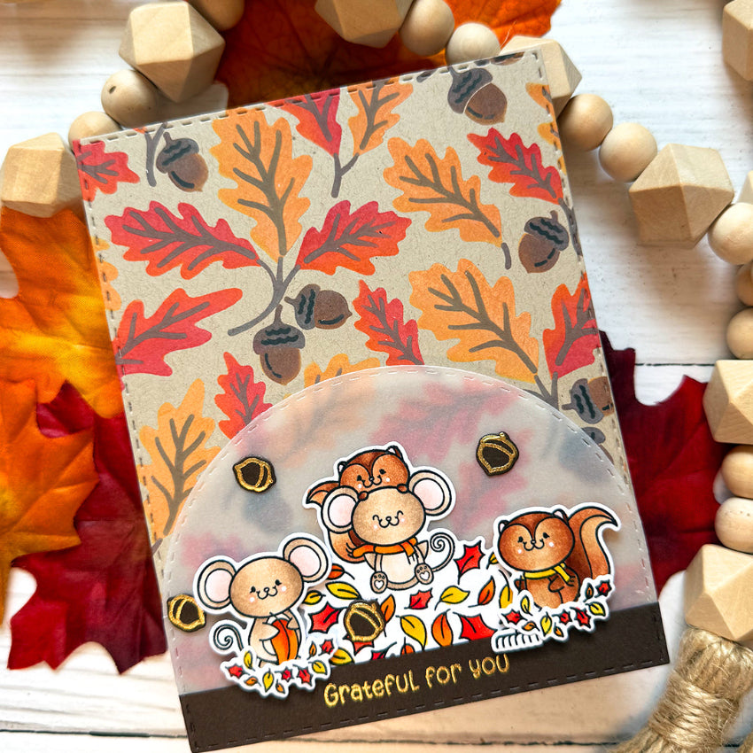 Pink and Main Leaves Are Falling Clear Stamp and Die Set grateful for you card