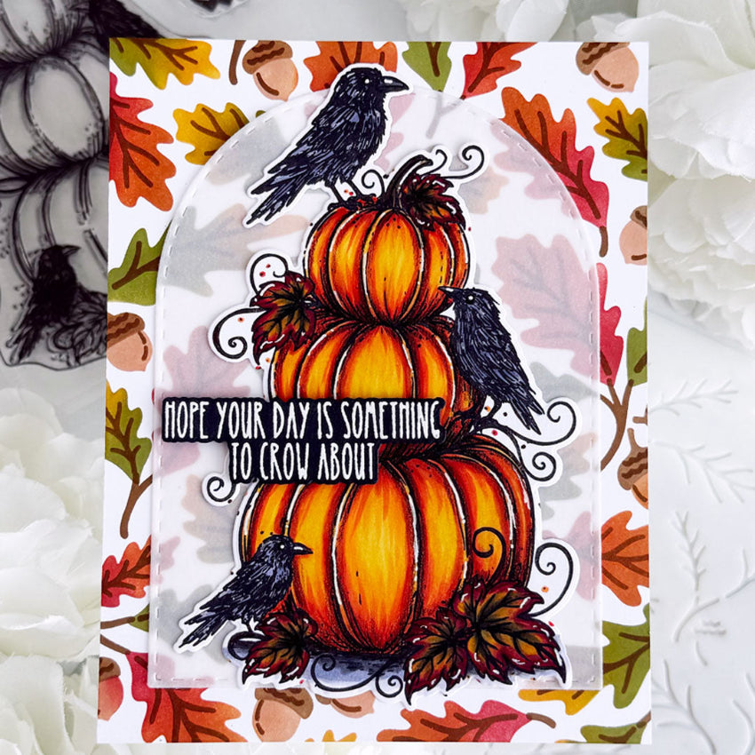 Pink and Main Leaves and Acorns Foilables Sheets and Layering Stencils Set have a great day crow card