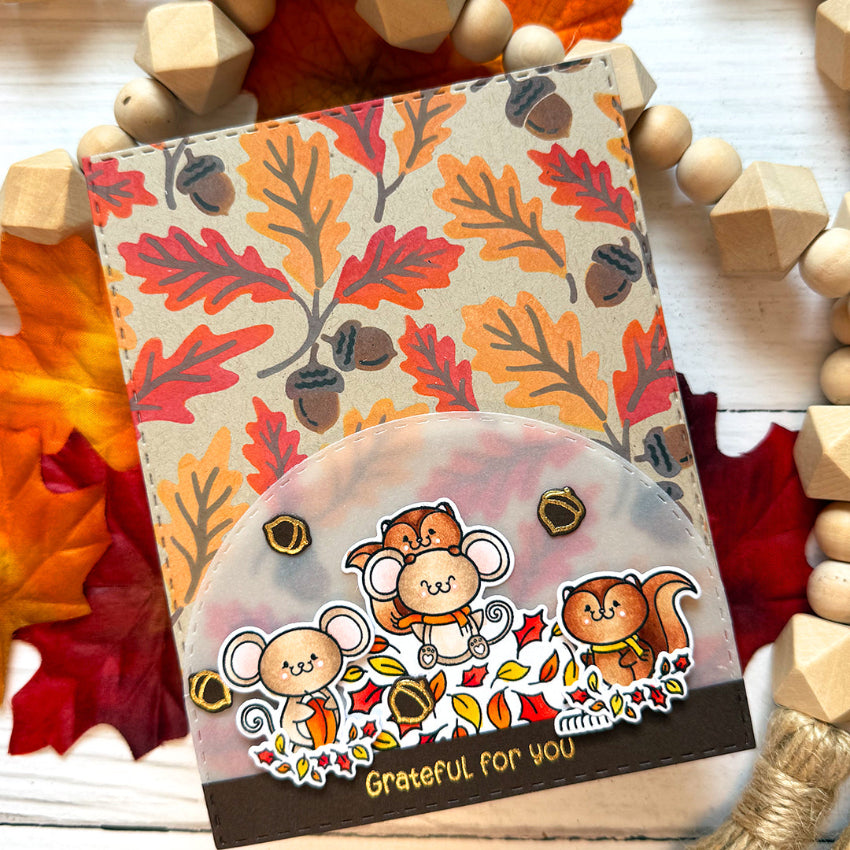 Pink and Main Leaves and Acorns Layering Stencils pms147 grateful for you card