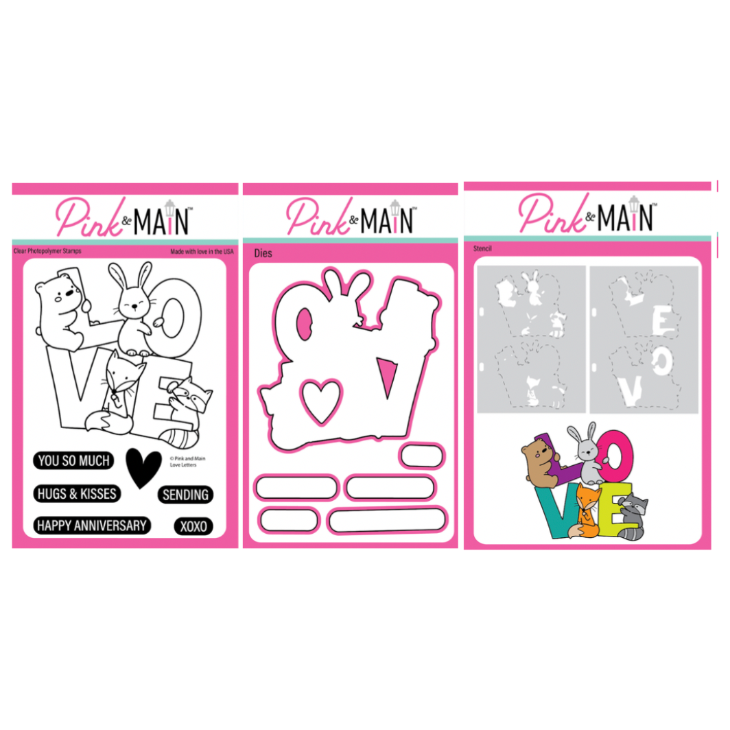 Pink and Main Love Letters Clear Stamp, Coordinating Dies, and Stencil Set