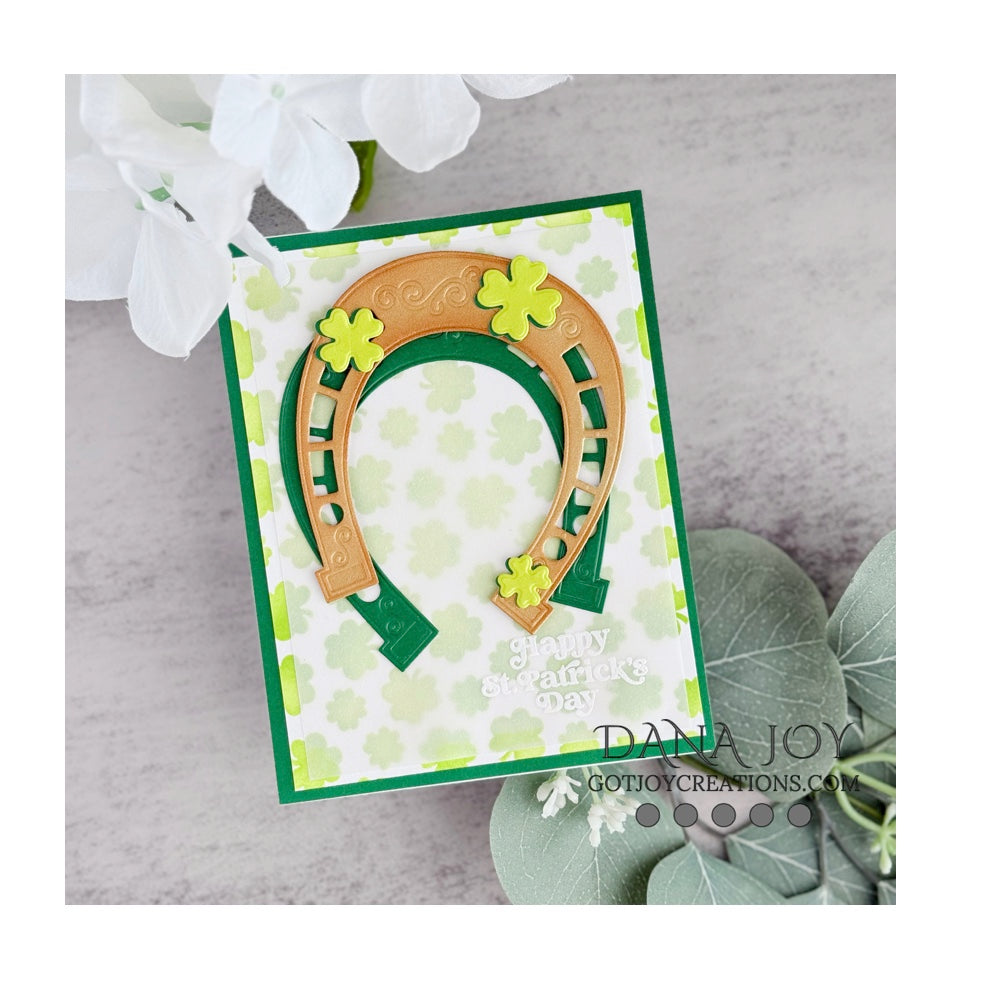 Pink and Main Lucky Clover Stencil pms140 golden horseshoe card