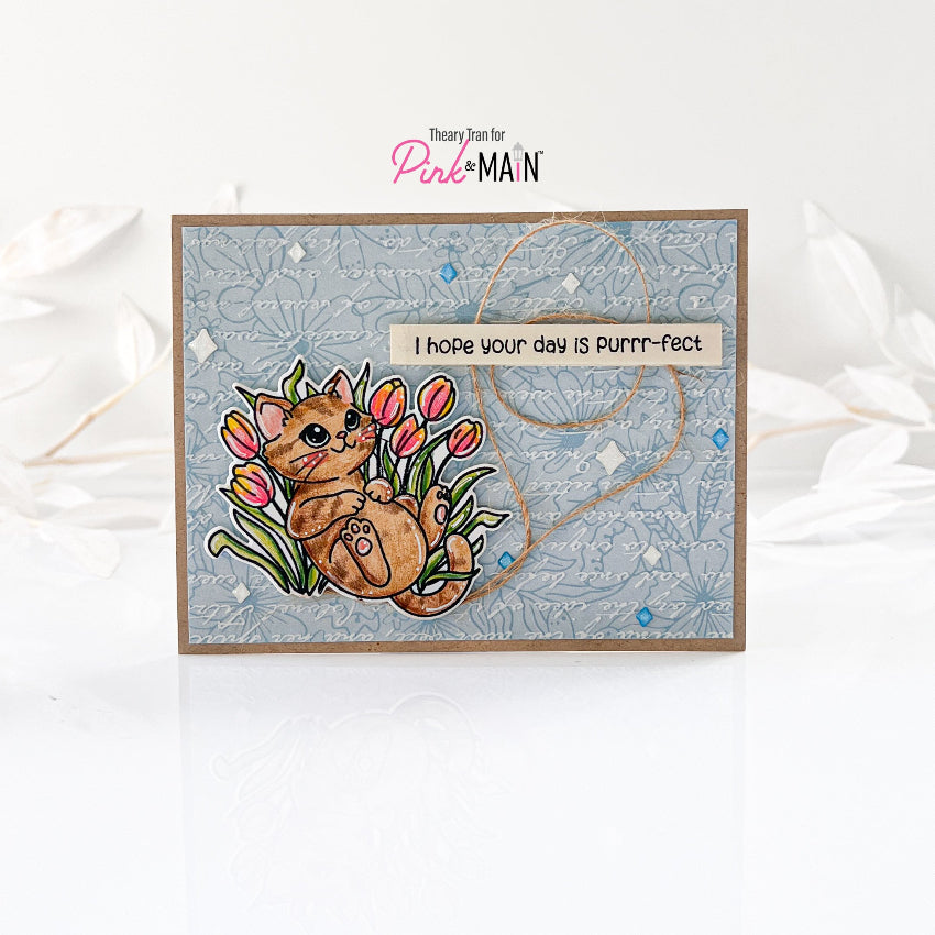 Pink and Main May Cat Clear Stamp and Die Set blue background