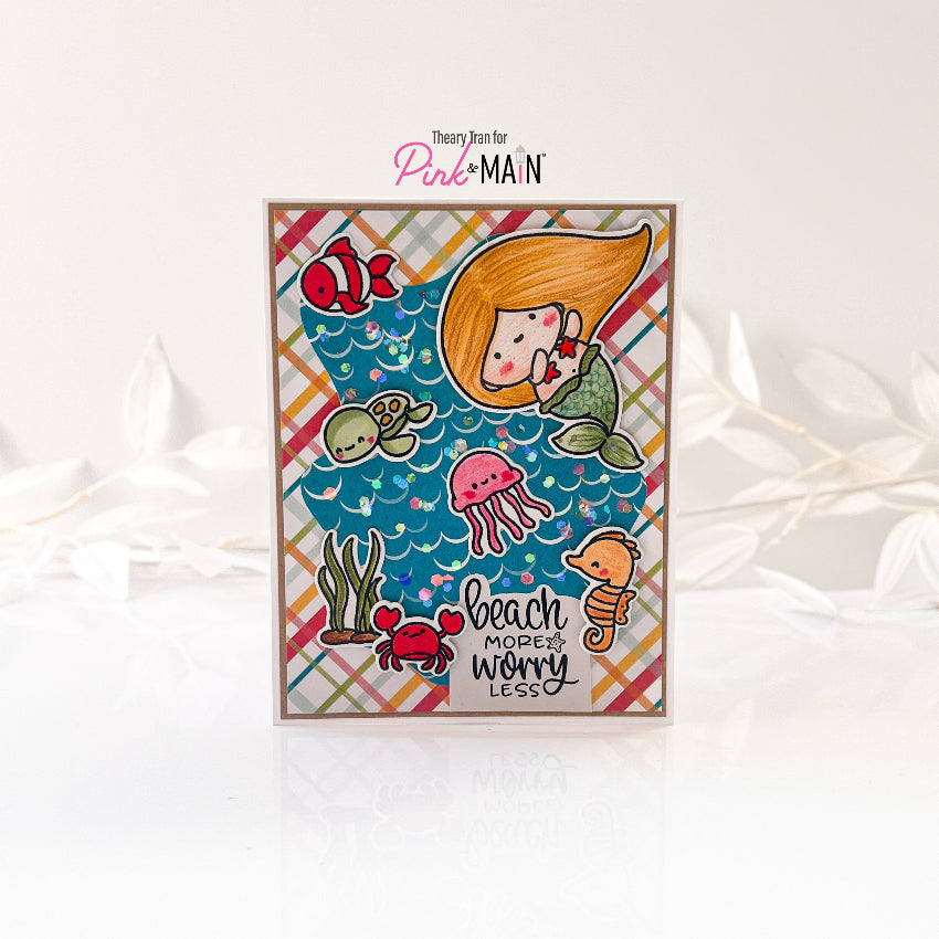 Pink and Main Mermaid Friends Clear Stamp and DIe Set mermaid glitter card