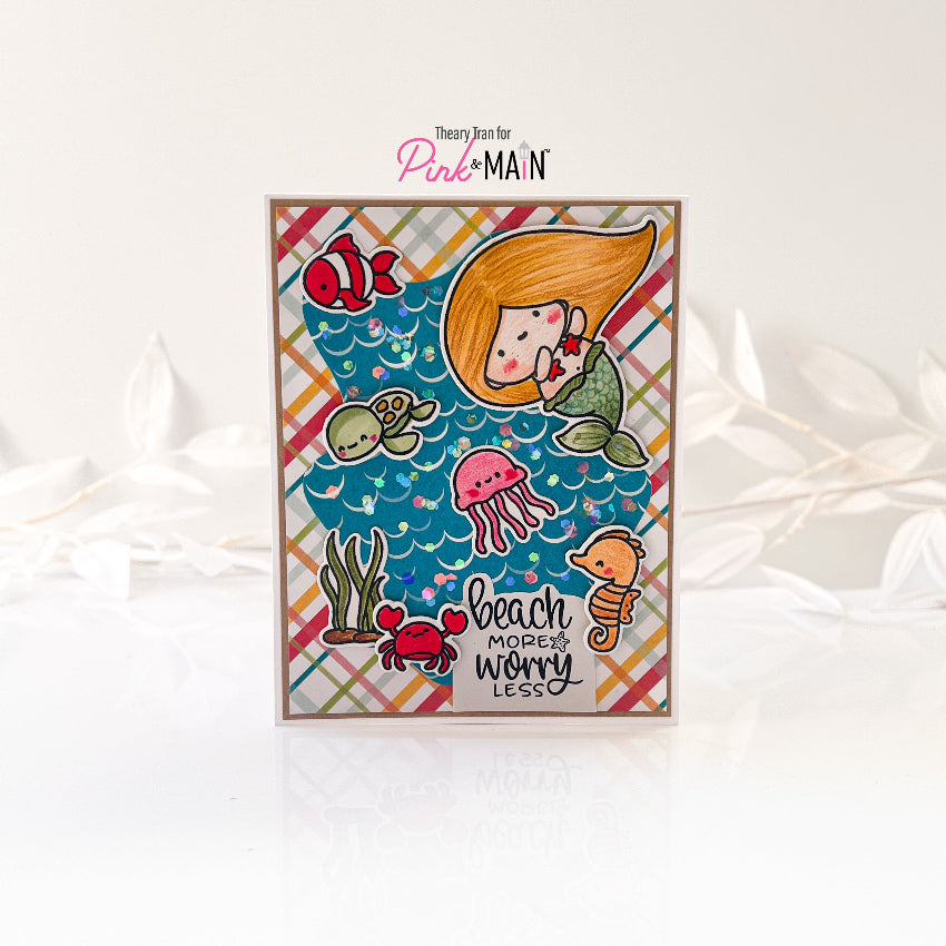 Pink and Main Mermaid Friends Clear Stamps pm0791 mermaid glitter card