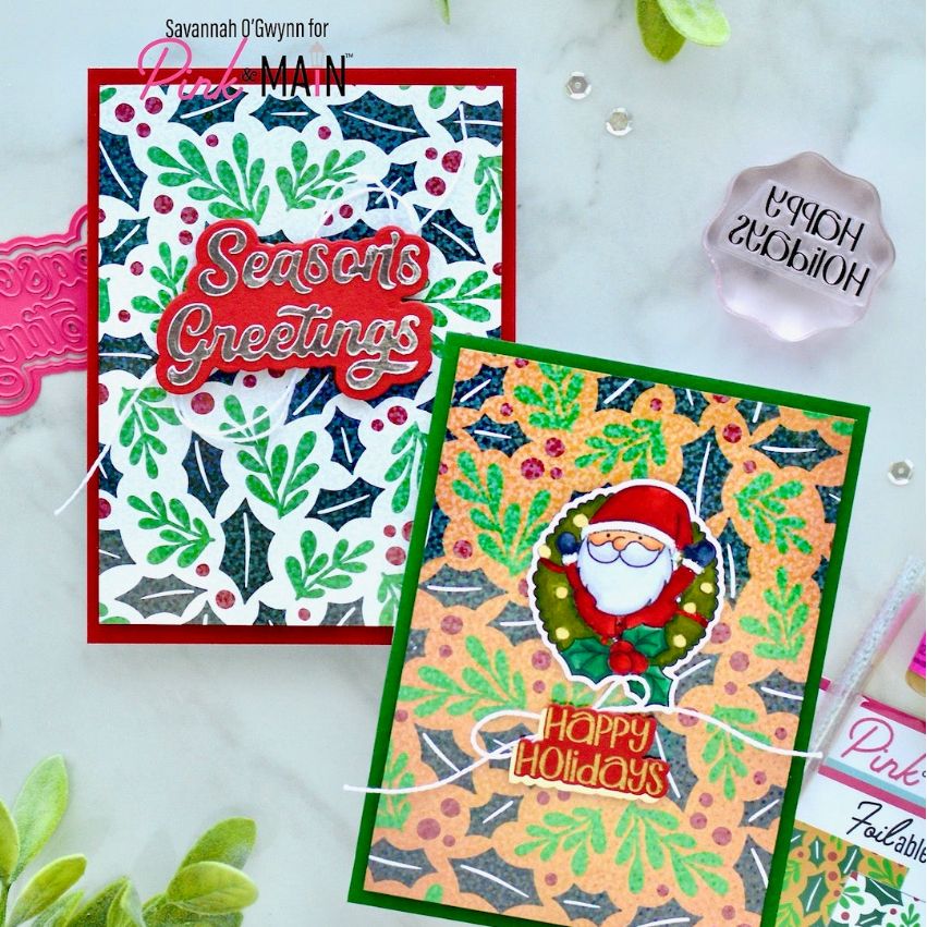 Pink and Main Merry Sentiments Word Dies pnm922 holly background cards