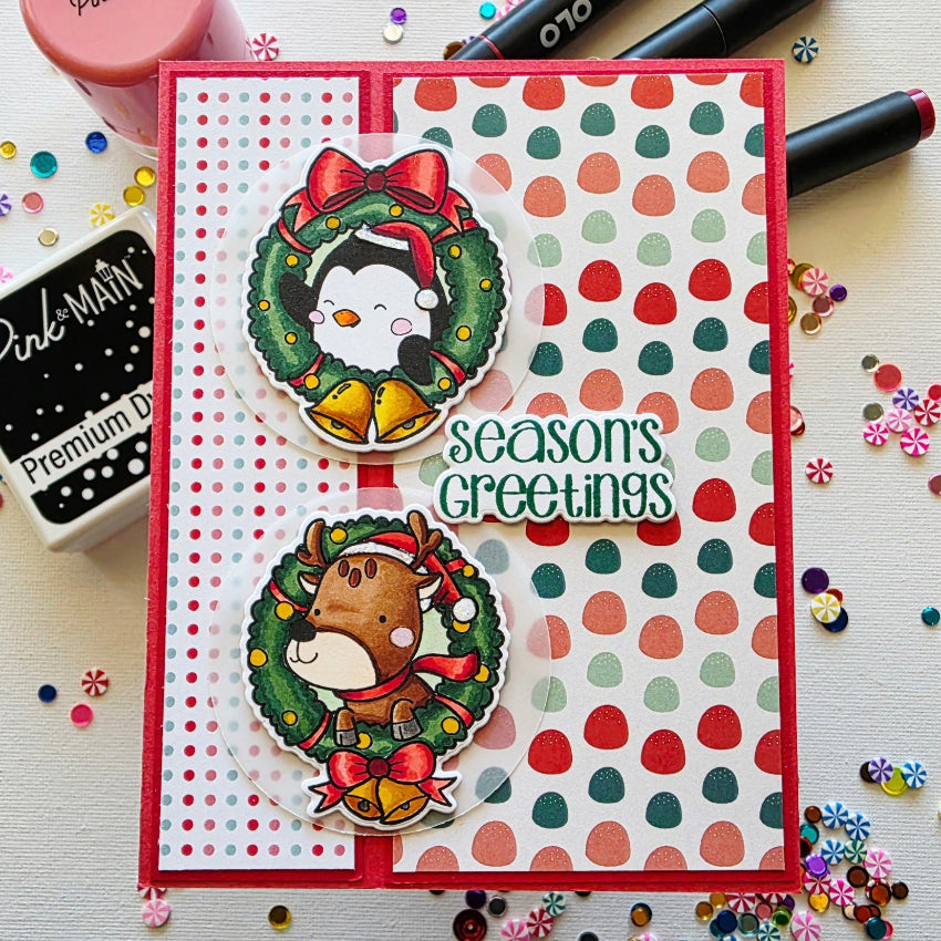 Pink and Main Merry Wreaths Clear Stamp and Die Set season's greetings card