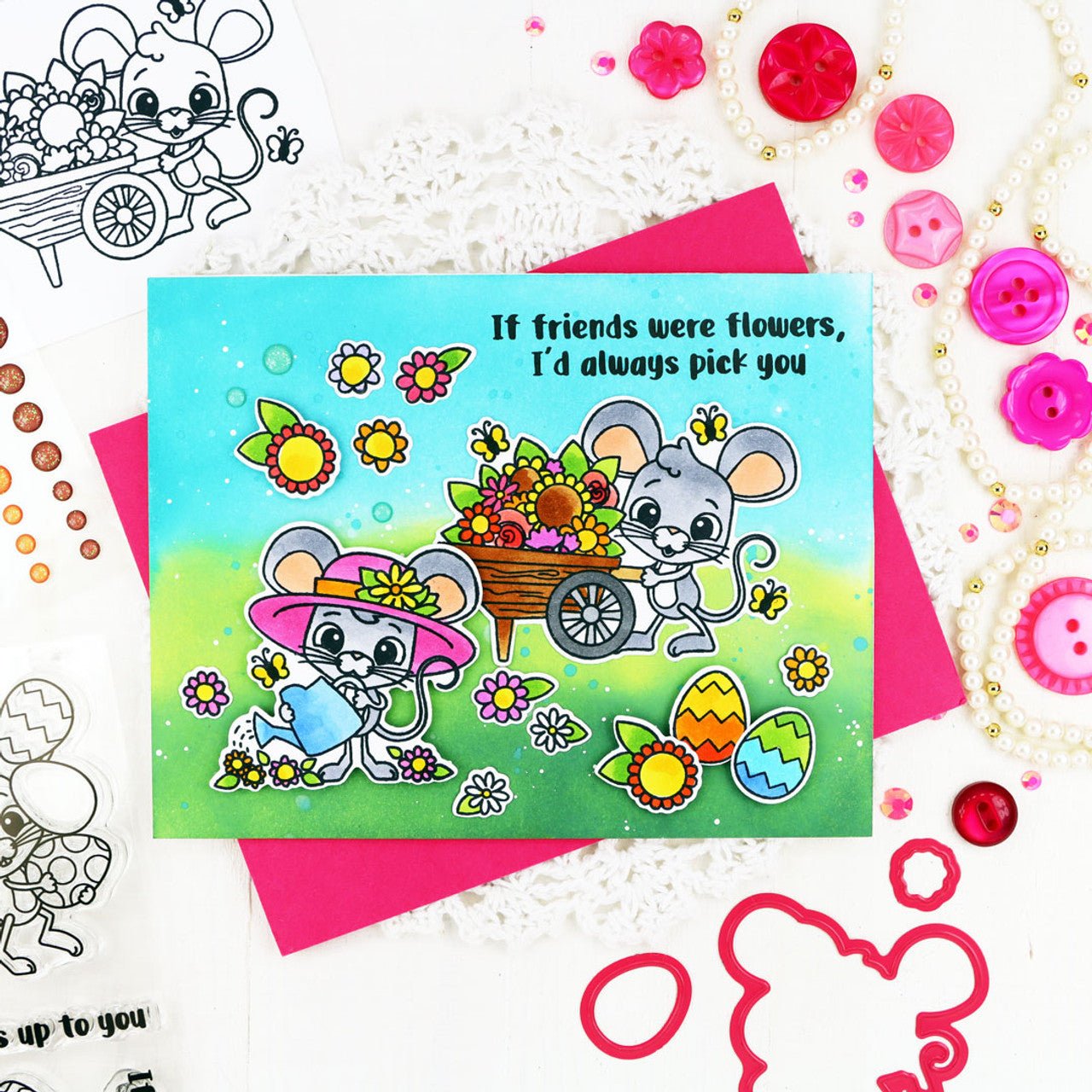 Pink and Main Mice Spring Clear Stamps pm0760 wheelbarrow
