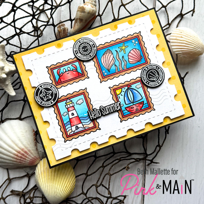 Pink and Main Nautical Postage Stamps Clear Stamps pm0872 seashells hello summer card