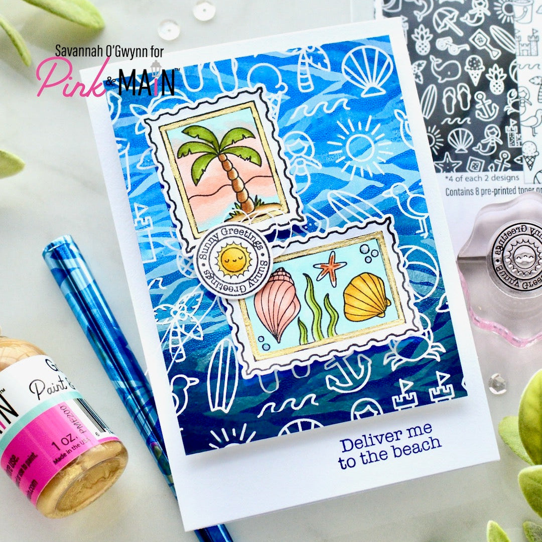 Pink and Main Nautical Postage Stamps and Postage Stamp Dies Set palm tree beach card