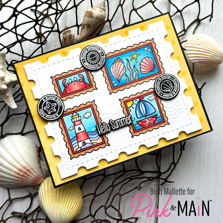 Pink and Main Nautical Postage Stamps and Postage Stamp Dies Set seashells hello summer card