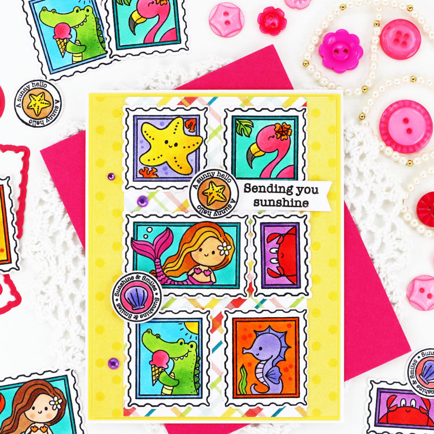 Pink and Main Paradise Postage Clear Stamps pm0881 yellow polka dots sending sunshine card
