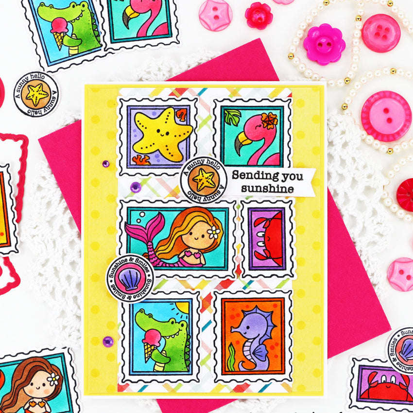 Pink and Main Paradise Postage Stamps and Postage Stamp Dies Set yellow polka dots sending sunshine card