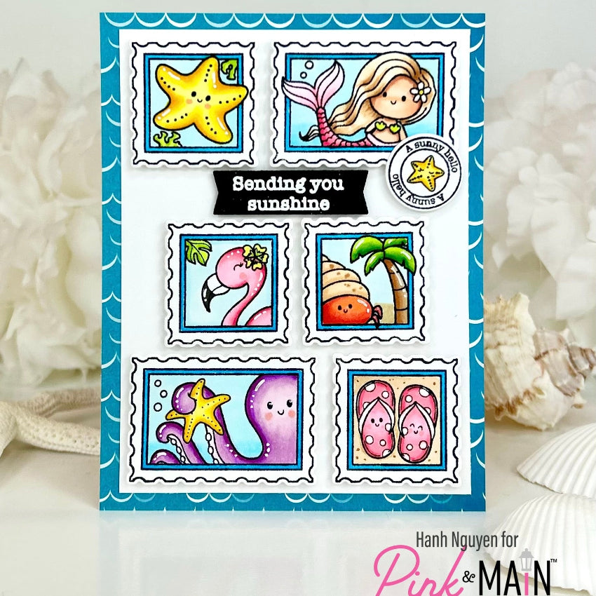 Pink and Main Paradise Postage Stamps and Postage Stamp Dies Set yellow starfish sending sunshine card