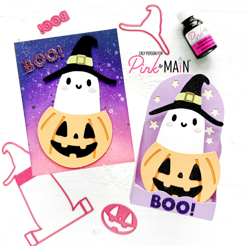Pink and Main Pumpkin Ghost Pop Up Card Dies pnm904 glitter boo card caly person | color-code:ALT01