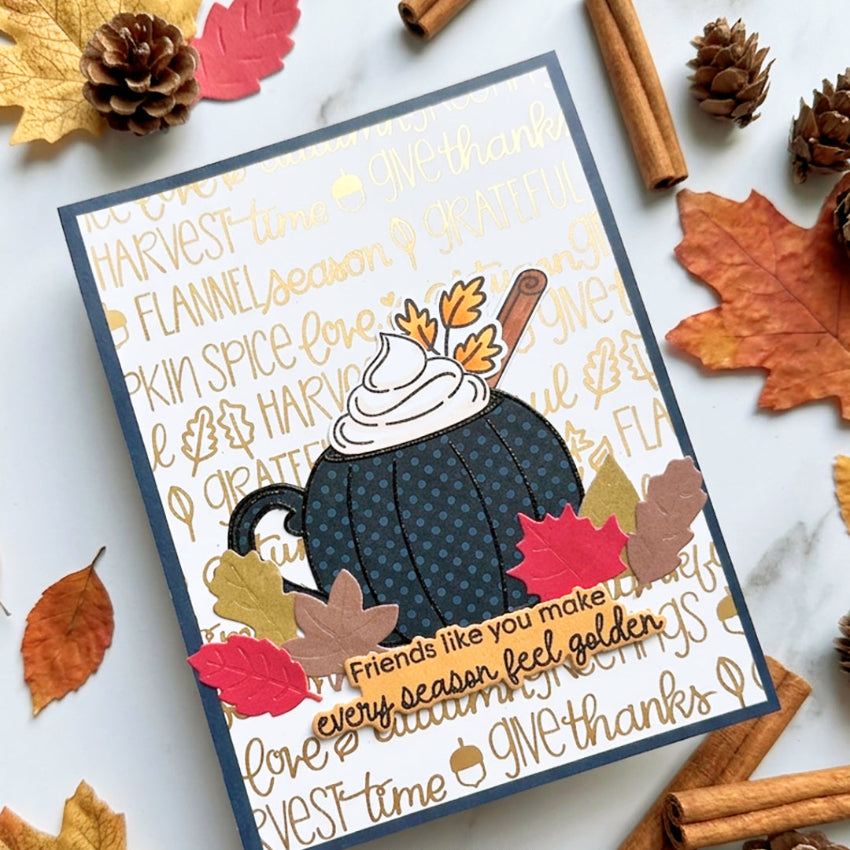 Pink and Main Pumpkin Spice Mug Clear Stamp and Die Set polka dot pumpkin mug card