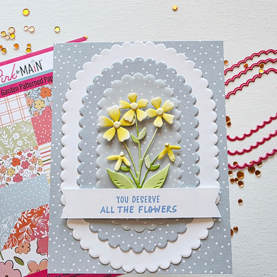 Pink and Main Scallop Oblong Oval Dies pnm894 yellow flowers polka dots card