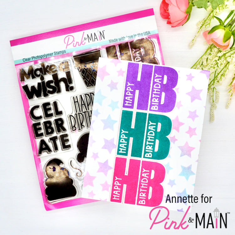 Pink and Main Scattered Stars Stencil PMS103 happy birthday