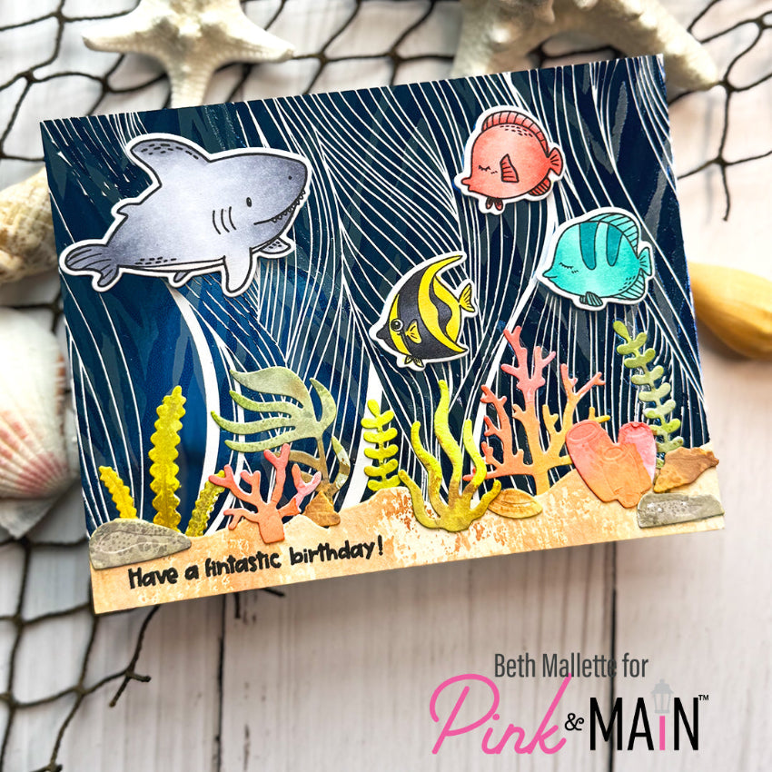 Pink and Main Shrimply the Best Clear Stamp and Die Set cute shark birthday card