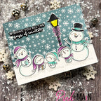 Pink and Main Singing Snowmen Clear Stamps pm0920 purple bow snowflakes card