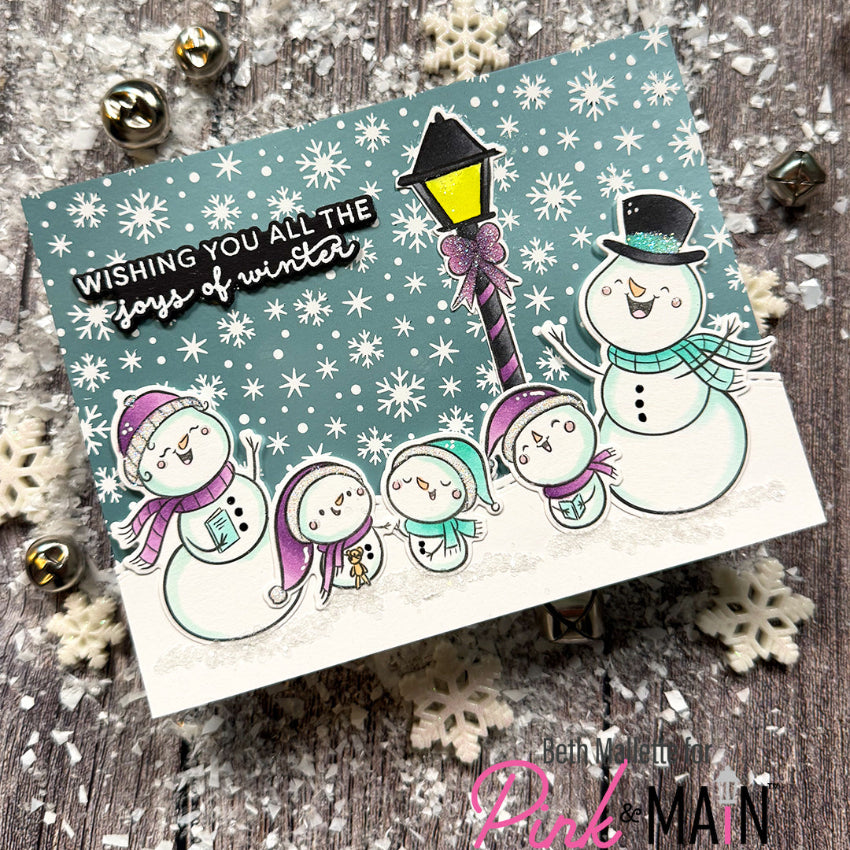 Pink and Main Singing Snowmen Clear Stamps pm0920 purple bow snowflakes card