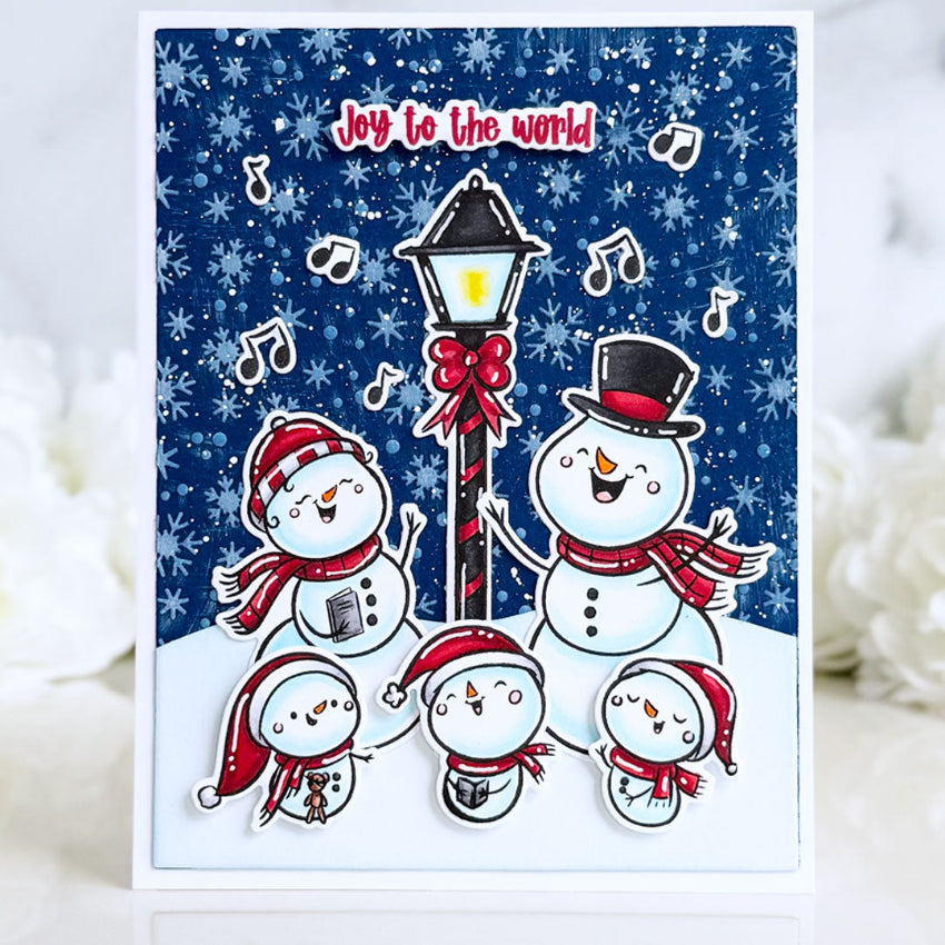 Pink and Main Singing Snowmen Dies pnm930 joy to the world card