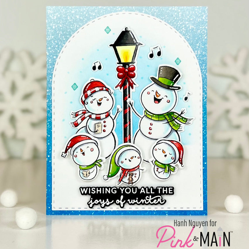 Pink and Main Singing Snowmen Dies pnm930 wishing you joys of winter card