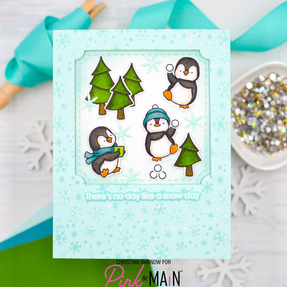 Pink and Main Snow Grateful Clear Stamp and Die Set penguins snowballs trees card
