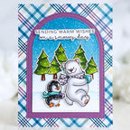 Pink and Main Snow Grateful Clear Stamp and Die Set sending warm wishes purple arched frame card