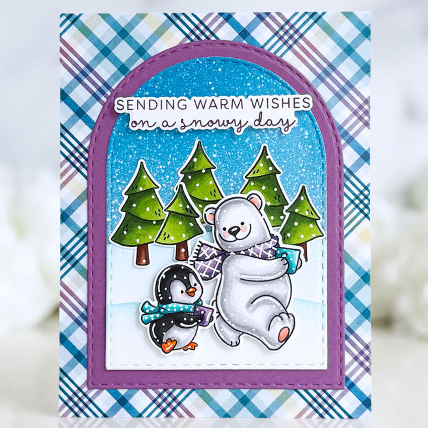 Pink and Main Snow Grateful Clear Stamp and Die Set sending warm wishes purple arched frame card