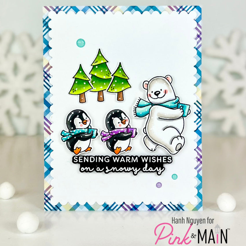 Pink and Main Snow Grateful Clear Stamps pm0922 sending warm wishes plaid background card