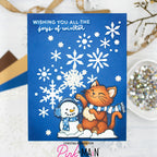 Pink and Main Snowflake Flurries Cover Die pnm935 cat snowman blue background card