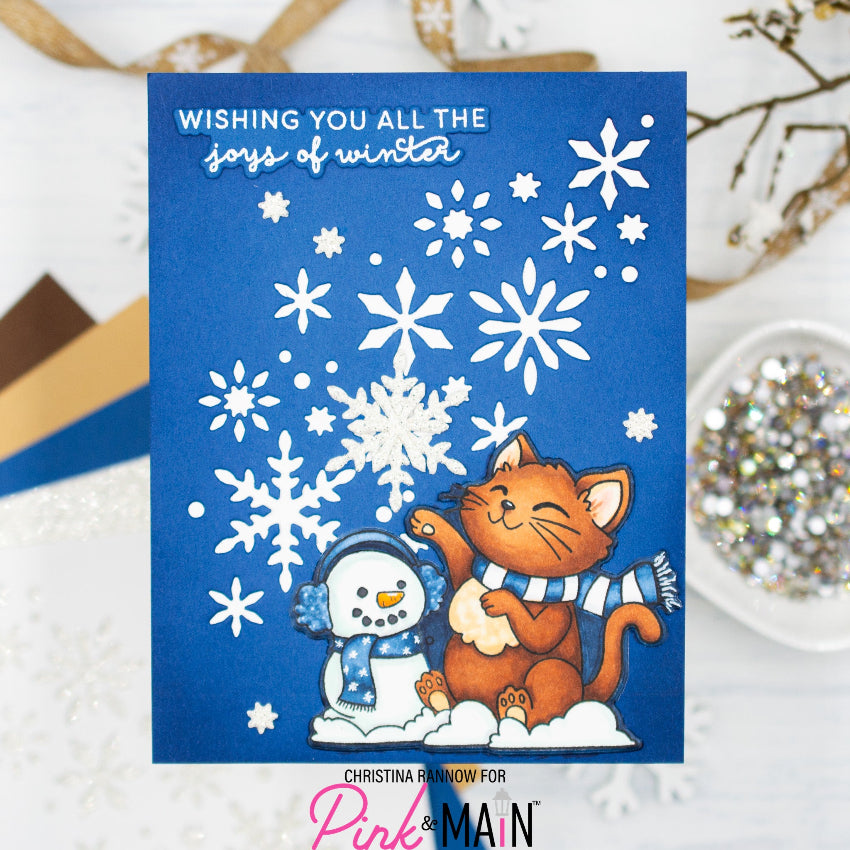 Pink and Main Snowflake Flurries Cover Die pnm935 cat snowman blue background card