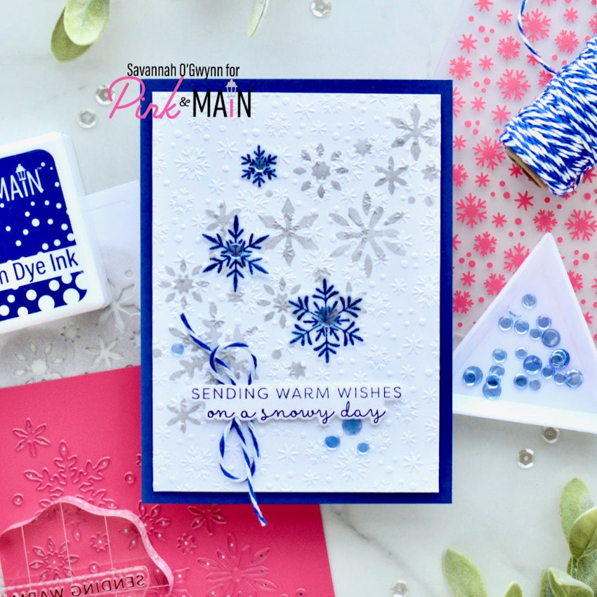 Pink and Main Snowflake Flurries Cover Die pnm935 sending warm wishes card