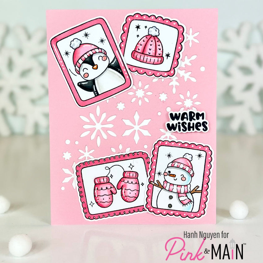 Pink and Main Snowflake Flurries Cover Die pnm935 warm wishes pink background card