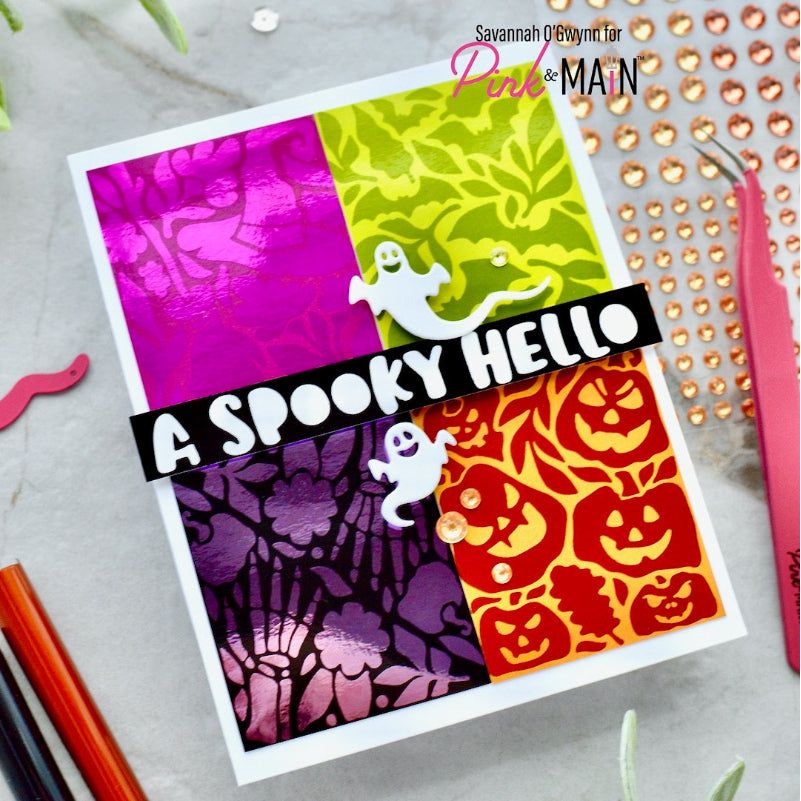 Pink and Main Spooky Hello Stencil and Foilables Sheets Set ghosts