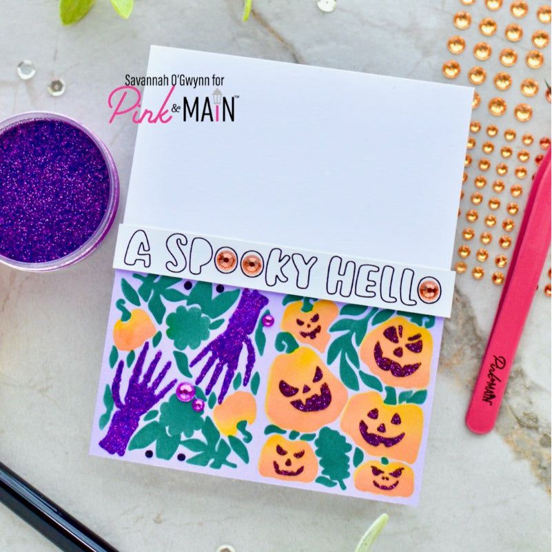 Pink and Main Spooky Hello Stencils pms138 pumpkins