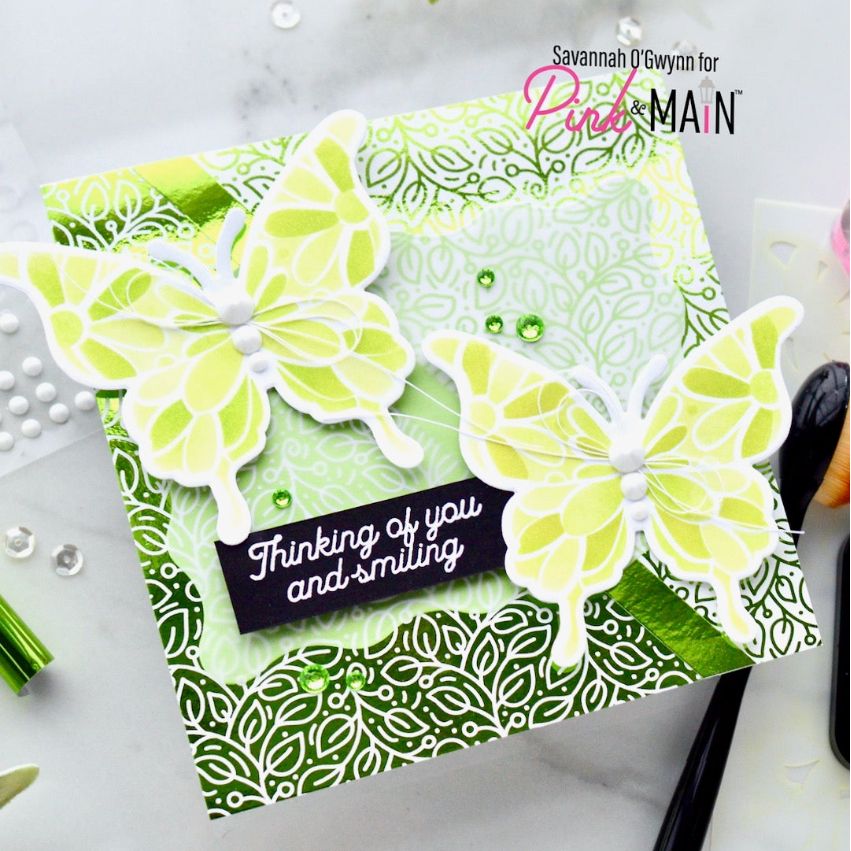Pink and Main Spring Blooms Foilables Sheets pmf385 green butterflies