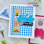 Pink and Main Spring Postage Stamps Clear Stamp and Postage Stamp Die Set blue plaid background